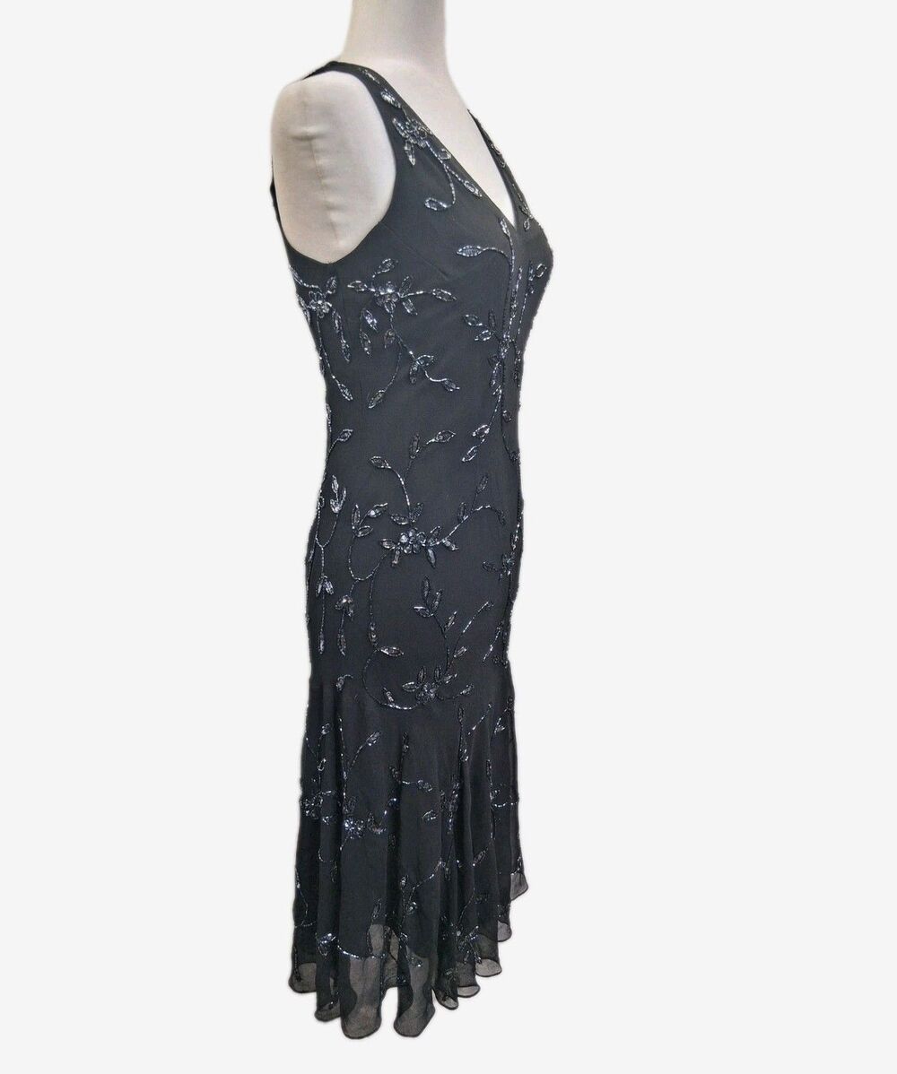 J Kara Vintage Black Beaded Midi Dress Size 10 Flapper Art Deco Formal Evening - Picture 7 of 16